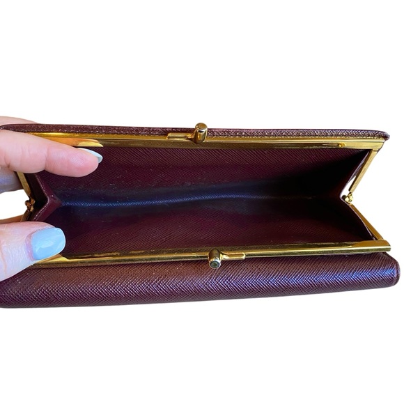 PRADA Maroon Saffiano Leather Flap Close Gold Tone Kisslock Continental Wallet - Picture 8 of 16